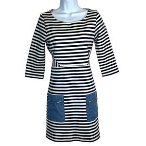 Anthropologie Tabitha Marin Dress Navy White Striped PonteKnit Patch Pocket